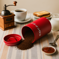 lata con café volcado sobre mantel rayado en merienda