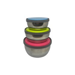 bowl de acero x3 con tapa con fondo blanco